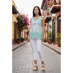 Cecico Women's Sheer Embroidered Turquoise Sleeveless Top